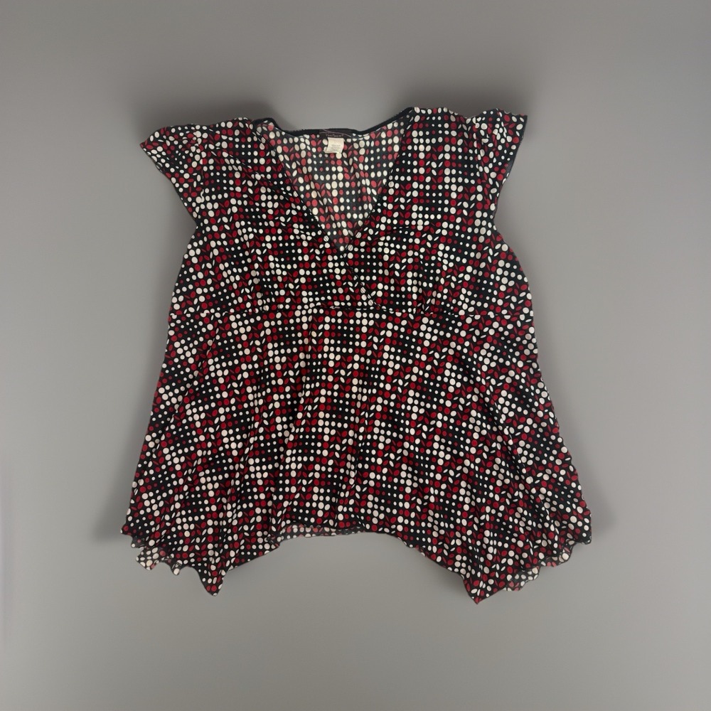 Von‎ Mozart Women's 2X Red Polka Dots Print Top Short Sleeve V-Neck Blouse Y2K